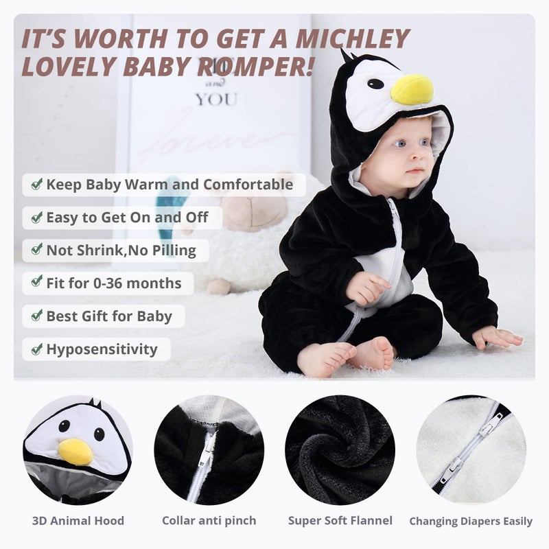 MICHLEY Unisex Baby Hooded Romper Winter Flannel Jumpsuit 30-36months, Cartoon Cosplay Costume, Penguin - Image 2